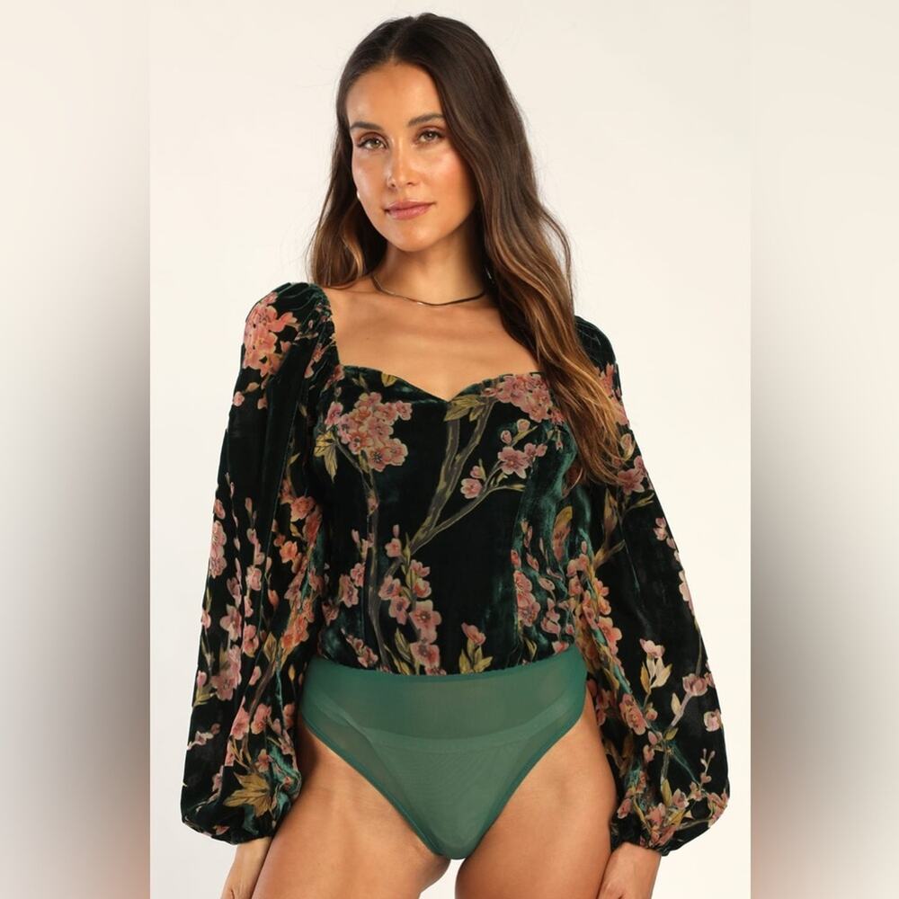Lulus Luxe Romance Emerald Velvet Floral Burnout Long Sleeve Bodysuit - Picture 4 of 8